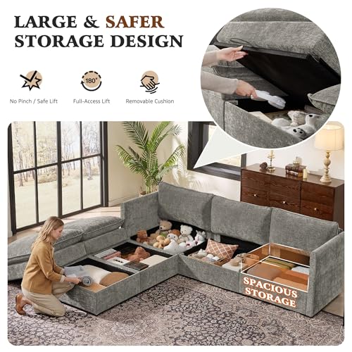 Image of Ihanherry 103 inch Modular Sectional Sofa with Storage, U Shaped Cloud Couch with Movable Ottomans & 4 Pillows, Chenille Deep Seat Sectional Couches for Living Room, Apartment (Grey)