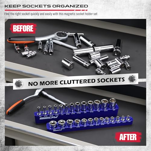 2-Piece 1/4"-Drive SAE Magnetic Socket Organizer Set (Holds 26 Sockets) - Detachable Tool Tray with 5mm Magnetic Base, Screw-Fixed Design & Heavy-Duty Modular Storage for Garage/Home Workshop