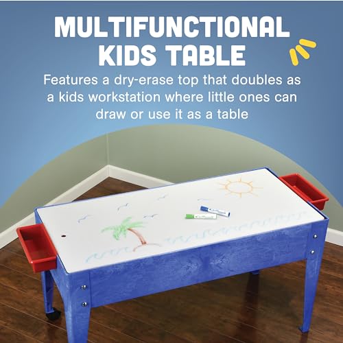 Constructive Playthings Indoor/Outdoor Sand and Water Activity Table for Kids Ages 1-3, Portable Classroom Play Table with Dry-Erase Top and 2 Side Trays, Blue/Red