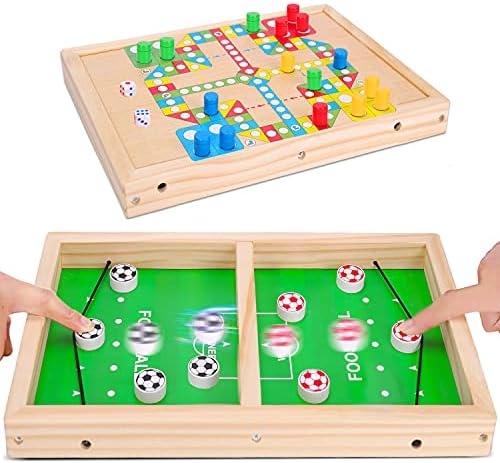 Wooden Toys Ludo Speed Pucks 2 in 1 Family Board Games Fun Travel Foosball Risk Adults Hydro Strike Fast Sling Hockey Table Game Boys Girls 3 4 5 6 Year Old for Teens Kids Ages 4-8