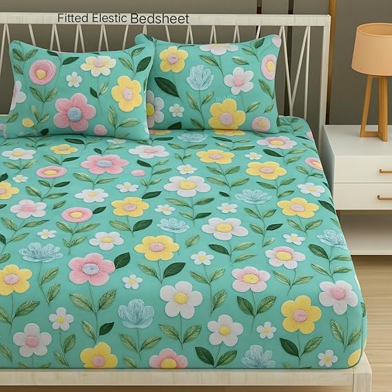 Image of RUMPS 380 TC Premium Heavy Cotton 7D Print Fast Colour Feel Elastic Fitted Floral Bedsheet King Size with 2 Pillow Covers || (Light Green, Fitted Queen-60x78)