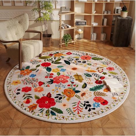 Alfombra redonda para niños de 110 cm beige con flores multicolor