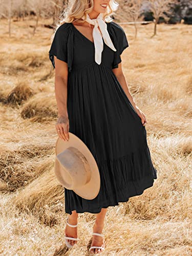 Lillusory Black Maxi Dresses For Women Summer Long Trendy Casual Flowy Funeral Short Flutter Sleeve Dress With Pockets #TOP4