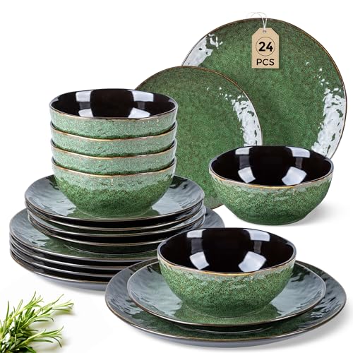 Image of LERATIO Ceramic Dinnerware Sets for 8,24-Piece Plates and Bowls Set | Handmade Reactive Glaze Ceramic Dish Set,Oven & Microwave,Dishwasher Safe,Scratch Resistant-Chestnut