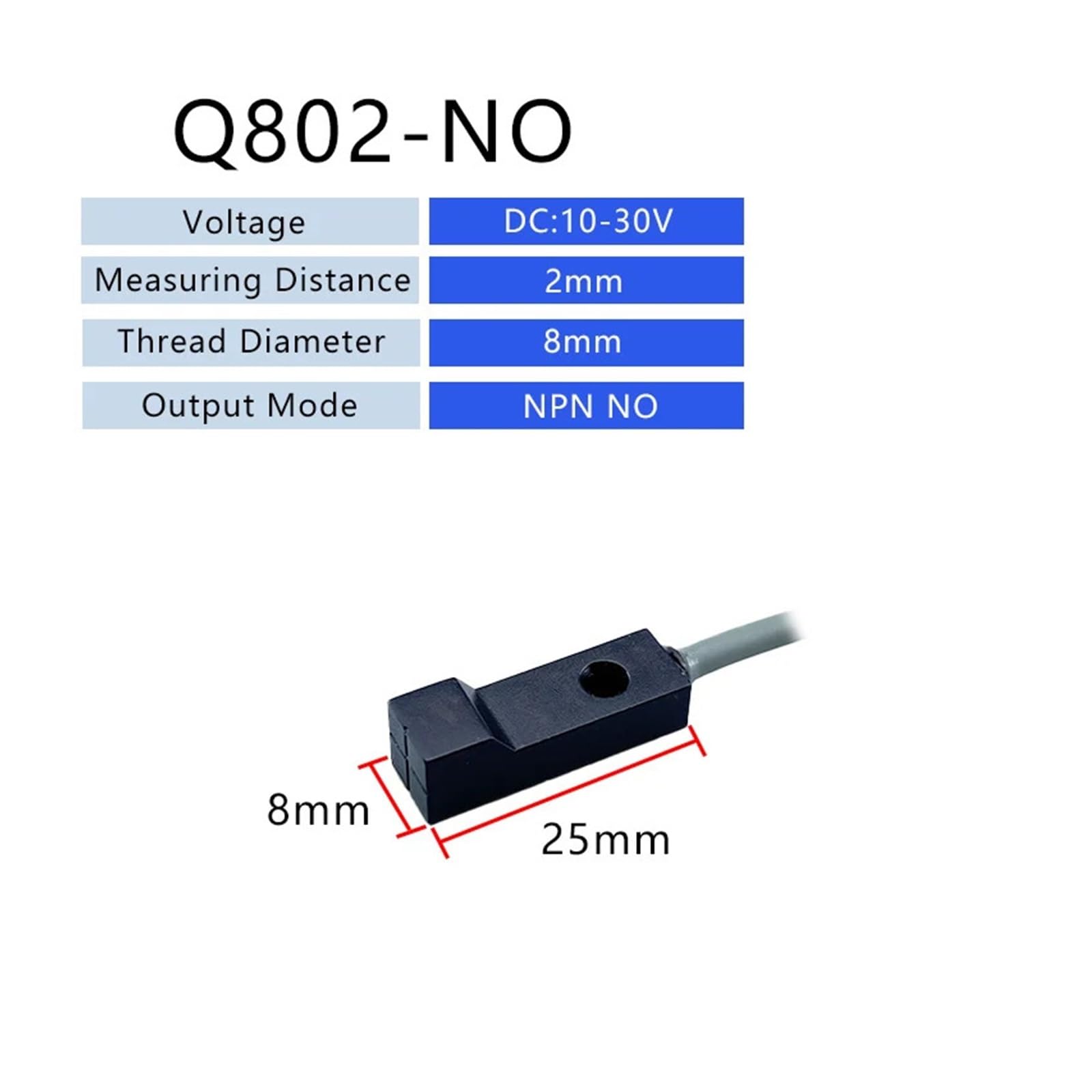 Kwadratowy czujnik zbliżeniowy Q8 NPN PNP 10-30 V DC 3 przewody IP67 Odległość wykrywania odległości 2,5 mm metalowy przełącznik czujnika z kablem m(Q802-NO)