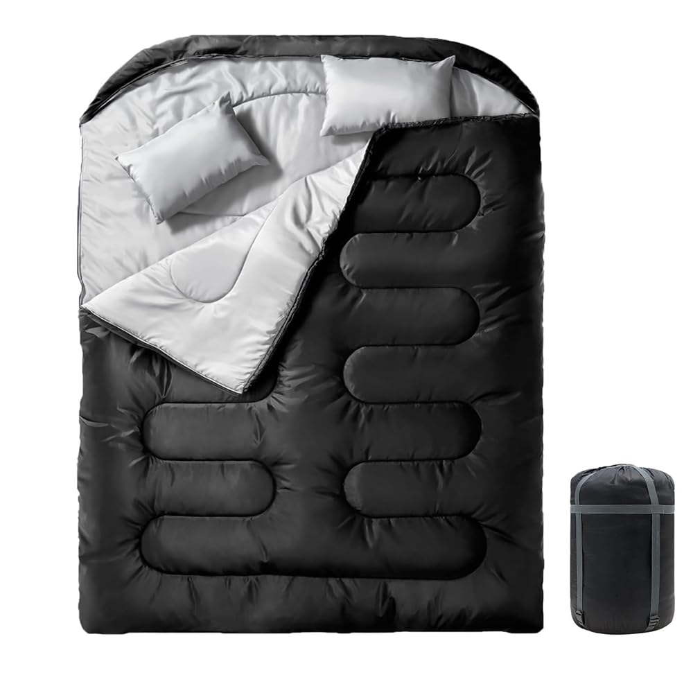 Hcosmy Double Sleeping Bag for Adults Mens with Pillow, XL Queen Size Two Person Sleeping Bag for All Season Camping Hiking Backpacking 2 Person Sleeping Bags for Cold Weather & Warm