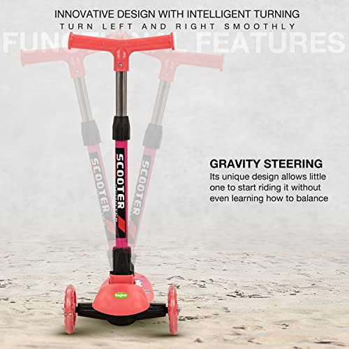 Image of Baybee Phoenix Skate Scooter for Kids, Smart 3 Wheel Kids Scooter with 3 Height Adjustable Handle, Kick Scooter with Led PU Wheels & Rear Brake, Runner Scooter for Kids 3 to 6 Years Boy Girl (Pink)