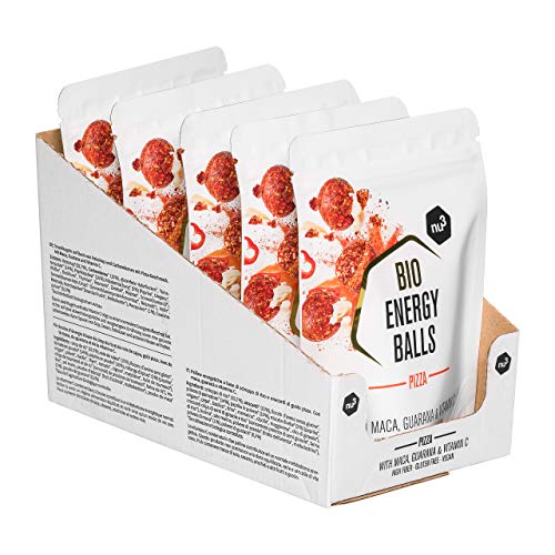 nu3 Bio Energy Balls u0096 Aperitivo sano con maca, guaraná, acerola y vitamina C -Tortitas sabor pizza - 5 x 70 g - Snack vegano, sin gluten y con mucha fibra - Energía con ingredientes naturales
