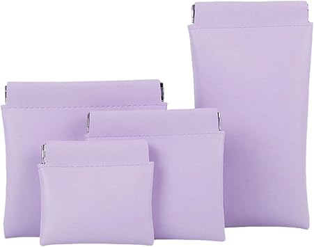AJOJO 4 Pcs Lambskin Pocket Cosmetic Bags, 4 Size Waterproof Portable No Zipper Self-Closing Cute Small Makeup Pouch for Women, Pu Leather Bag for Cosmetics Headphones Jewelry Purple