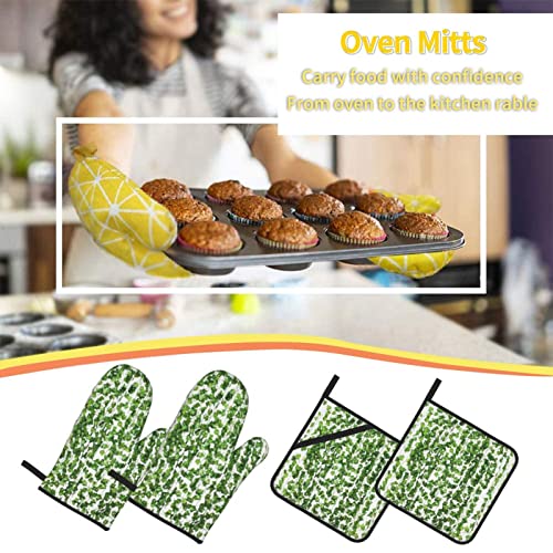 Oven Mitts And Pot Holders Sets Of 4 Ivy Garland Plants Green Polyester Oven Mitts With Oven Gloves And Hot Pads Potholders For Kitchen Bbq #TOP6