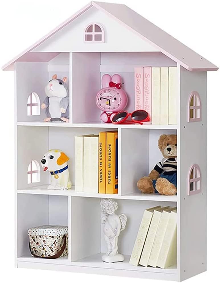 OUKOVOL Wooden Dollhouse Bookshelf 3-Tier Doll House Bookcase Kids Books Toys Storage Organizer Shelves for Childrens Bedroom Playroom Kindergarten Nursery Gift for Boys Girls Ages 3-8 Years Old