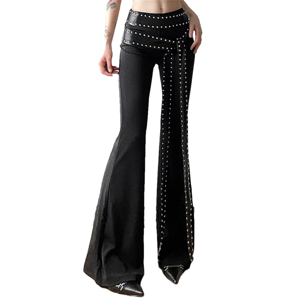 Pantaloni a Zampa a Vita Alta da Donna, Pantaloni Casual in Stile Gotico, Pantaloni Aderenti con Cintura in Pelle (Nero M)
