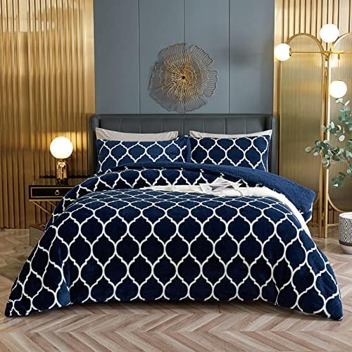 BESTCHIC Navy Blue Comforter Set Queen Size 3 Pieces, Sherpa Fleece Reversible Queen Comforter Set, Ultra Soft Fuzzy Down Alternative Comforter with 2 Pillow Shams（88 x 88 Inches