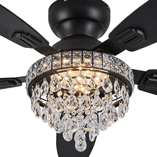 Fanyank Crystal Ceiling Fan Fandelier with Lights-Ceiling Fans with Lights,50' Low Profile and Remote Control, Flush Mount, Reversible, Dimmable, Noiseless, Black Ceiling Fan for Bedroom