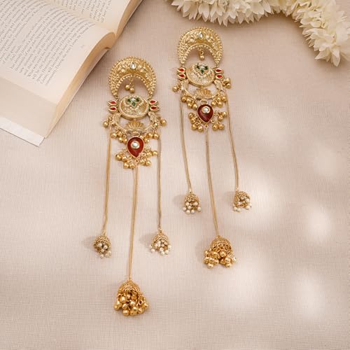 Image of Rubans Long Jhumka Earrings with Ear Chain Pearl Beaded Traditional Wedding Jewellery Gift for Women & Girls
