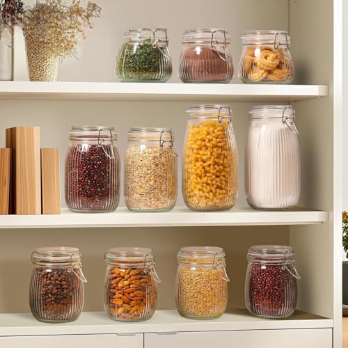 Image of ginoya brothers Airtight Glass jar with lid Storage Containers,Glass Canister, Mason Jars, Small Striped Clip Fastening Jar for Kitchen Canning, Overnight Oats, Pickle, Spice. (4, 500 ML)