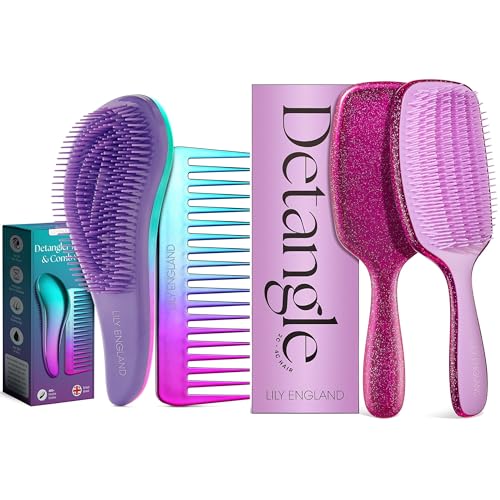 Cepillo Desenredante para Cabello Rizado Purple Glitter con Cepillo Desenredante Ombre y Set de Peine – Pack Elegante para el Cuidado del Cabello, Peinados Suaves y Sin Enredos