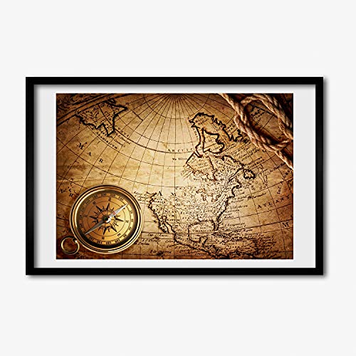 Tableau moderne 60x40 cm affiche cadre en bois décoratif boussole sur la carte