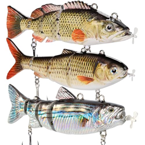 HADORAM Robotic Swimming Lure 5.1 Fishing Lure 4-Segement Multi Jointed Swimbait Electric Bait LED Light USB Rechargeable for Bass Trout Pike Fishing Tackle (3pcs Mixed-Color Set of Different Sizes)