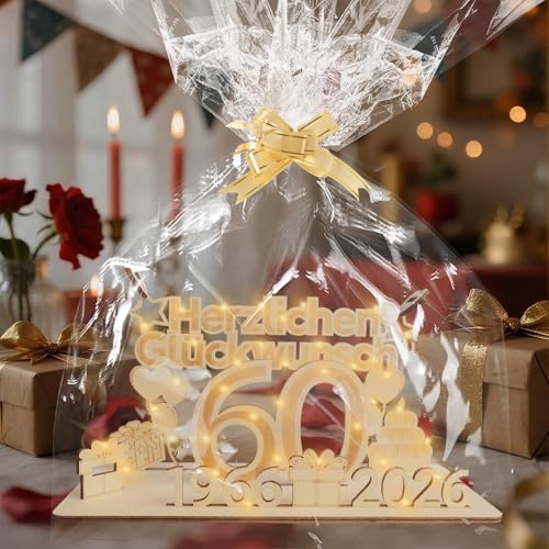 ARTREE 60 Geldgeschenke Geburtstag Frau Mann, 2026 Holz Schild Gästebuch mit LED Lichterkette, Personalisiertes Geschenke zum 60 Geburtstagszahlen, 60 Diamantene Hochzeit Deko, Herzlichen Glückwunsch
