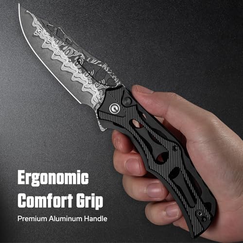 Image of CIVIVI Biophase Pocket Folding Knife for Men, 3.48 inch Damascus Blade Aluminum Handle, Lightweight Skeletonized Flipper Knife for Tactical Survival C23083-DS1 (Black)