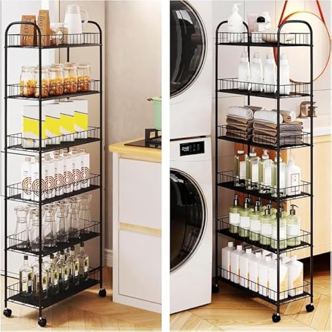 6 Tier 6in/10in Slim Rolling Storage Cart, Mobile Shelving Unit with Wheels, Metal Wire Storage Shelving Rack with Baskets for Kitchen Bathroom Office Laundry Narrow Places (6 inch)-DCABIkuo
