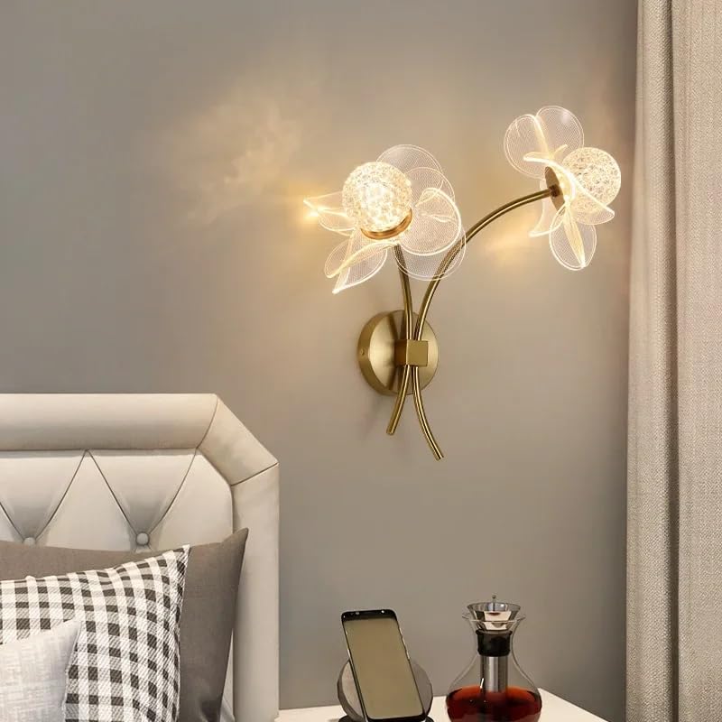 Image of Modern Gold Flower Wall Light with 3-Color LED | Minimalist Metal & Acrylic Wall Lamp for Living Room & Bedroom | Wall Mount Decorative Light Fixture for Home Decoration & Office