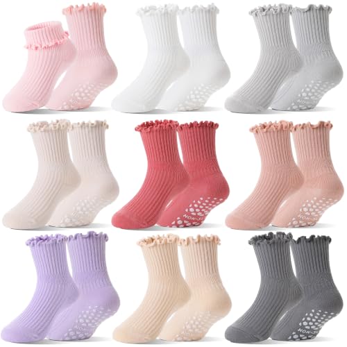 Welwoos Stoppersocken Kinder Rüschen Baumwolle Socken für Baby Mädchen Antirutschsocken Kinder Socken 9 Paar(Sortierte Farbe 26-28)