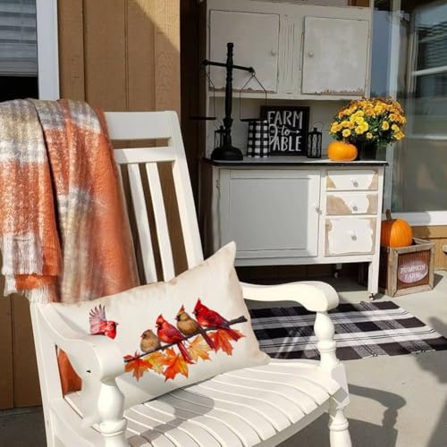 Image of Fall Pillow Covers 12x20 Inch Cardinal Birds Maple Leaves Decorative Autumn Thanksgiving Harvest Lumbar Cushion Case Decor for Home Sofa Couch (Red, 12 inchX20 inch)