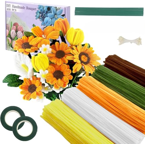 Image of BOLT BEE Pipe Cleaners Craft Set, 500 Pieces, 5 Colors, Chenille Stems with Floral Wires, Gardening Tape, Stamen for DIY Flower Making (Sunflower)