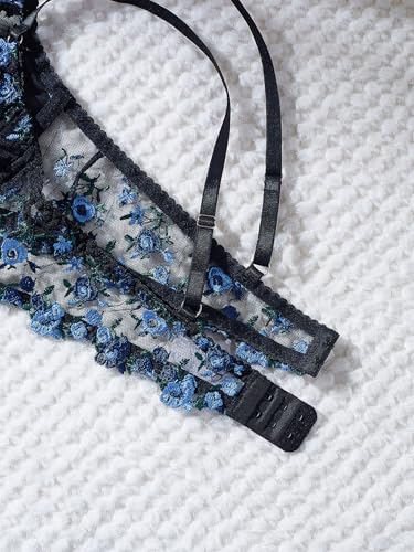 Image of Sexy Floral Embroidered Flower Mesh Underwire Push Up Lingerie Set