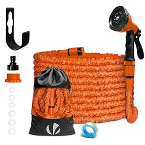VOUNOT® Flexibler Gartenschlauch 15 m, Flexibel Wasserschlauch Dehnbarer mit 10 Sprühfunktionen, Schnelladaptern und Wandhalterung, Orange