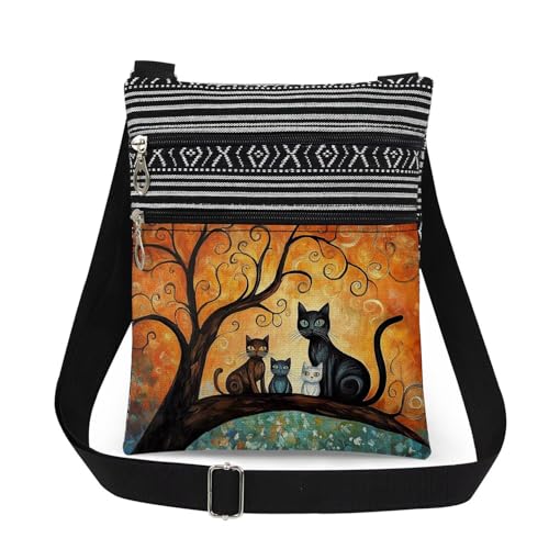 Cat Tree Print Crossbody Bag Adjustable Unisex Zipper Shoulder Bag Birthdays Gift for Women Outdoor Travel Cat Lovers Gift Men Purse