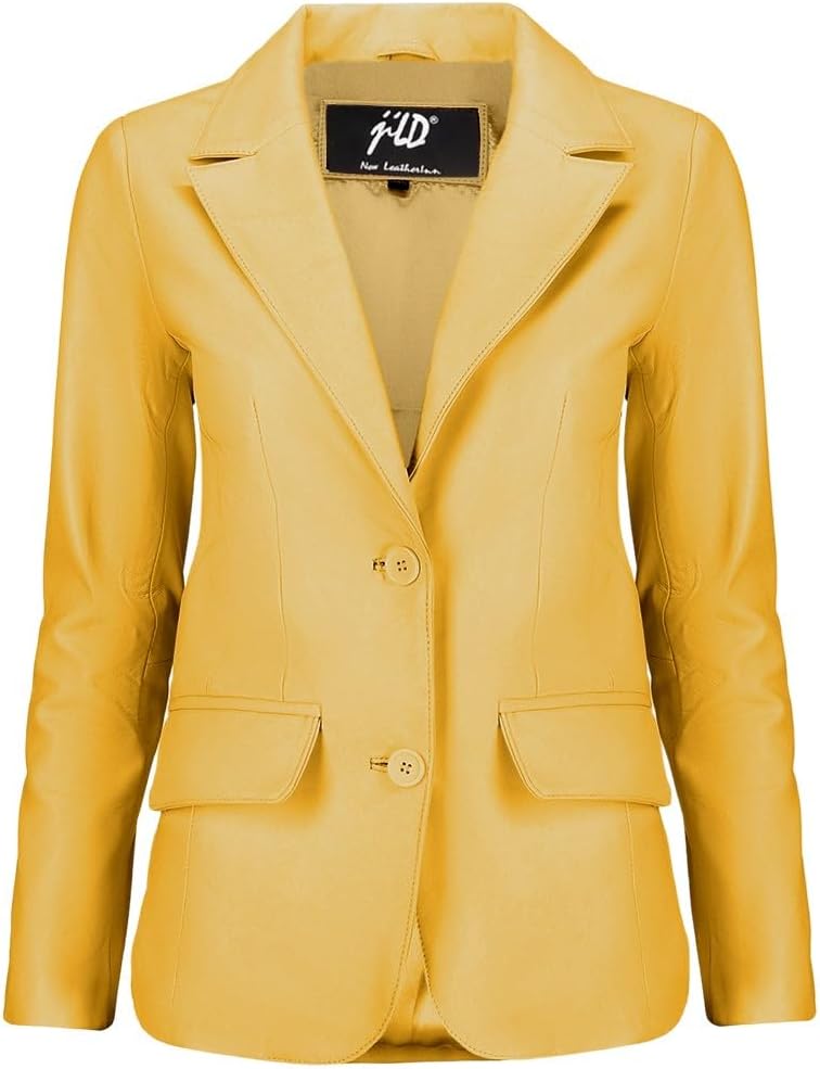 Jild Classic 2-Button Lambskin Leather Blazer Women – Casual Coat Long Sleeves Suit Style Leather Jacket Women