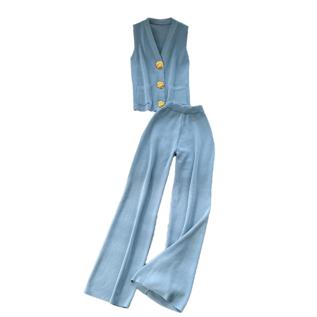 Alloaone WomenS Sexy Single Breasted Casual Two Piece Set Summer Vacation Pullover Top And Wide Leg Pants