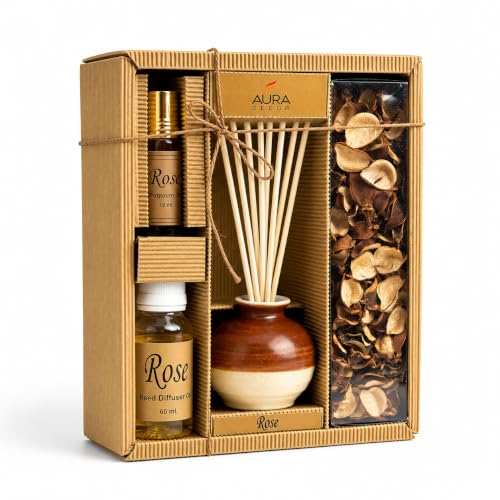 Image of AuraDecor Reed Diffuser Gift Set with Potpourri, Fragrance Oil & 6 Reed Sticks | Air Freshener for Living Room, Bedroom & Office | Decorative Aroma Diffuser Gift Set (Rose, X-Large)