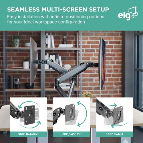 Image of ELG F160N Full 360 Swivel Dual Monitor Stand for Desk,Gas Spring Monitor Arms for 2 Screens 17 inchto 35''(9Kg Load for Each) Adjustable Double Monitors Mount,VESA Mount with C-Clamp &Grommet Base,Black