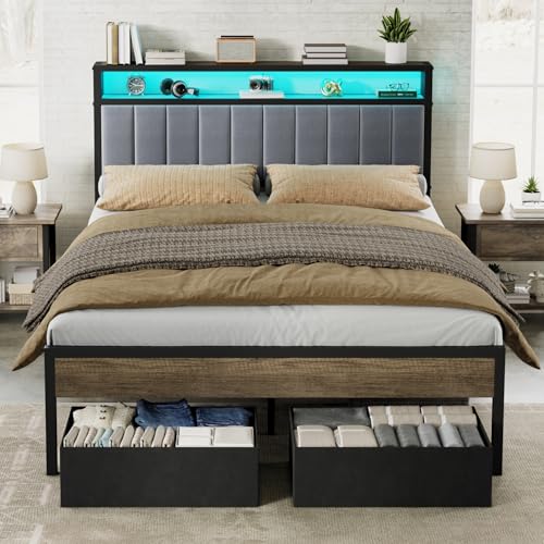 Image of AMERLIFE Full Bed Frame with LED Light and 2 Storage Drawers, Metal Platform Bed with Storage Headboard, Velvet Upholstered, Heavy-Duty Slats, No Box Spring Needed, Easy Assembly, Grey