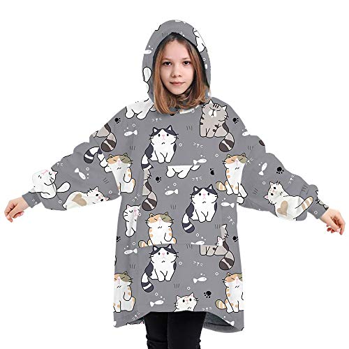 L&ieserram Oversized Oodie Blanket Hoodie Fluffy Fleece Hoodie Blanket for Women Men Kids Wearable Hooded Blanket with Big Pocket (Cats - Grey, 7-12 Years) - Image 3