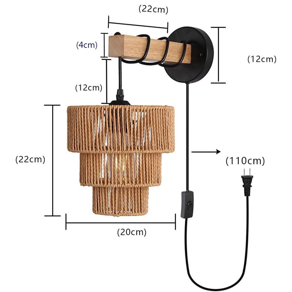 Drewniana lampa ścienna w stylu retro, industrialna, vintage, z włącznikiem, oświetlenie wewnętrzne w stylu boho, z wtyczką i kablem, lampka nocna do sypialni, salonu, korytarza, tawerny