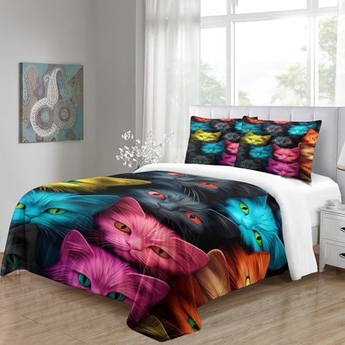 Housse de couette chat 140x200 cm avec 2 taies d'oreiller en microfibre