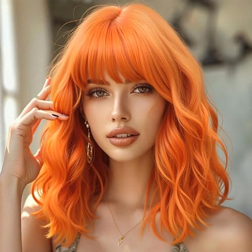 PHOENIXFLY Orange Wavy Wigs With Bangs Short Bob Wavy Wigs for Women Curly Synthetic Cosplay Wig for Girls Daily Use Colorful Wig (Orange 14 Inch)