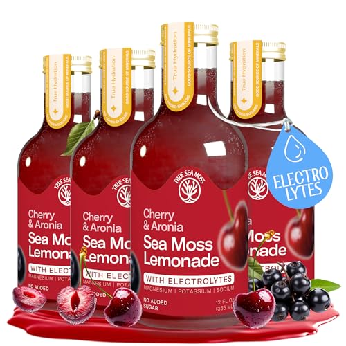 Cherry Aronia Sea Moss Electrolyte Lemonade – Fruit Hydration Drink – No Added Sugar with Sea Moss &amp; Electrolytes – 4 x 12 fl oz Bottles