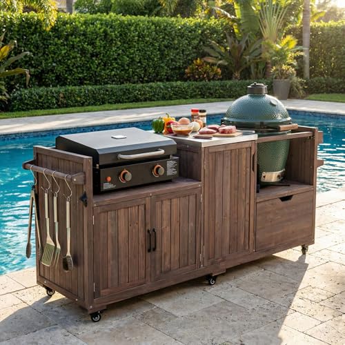 Image of Merax 80.5 inch Outdoor Kitchen Island for Big Green Egg& Blackstone Griddle, Solid Wood Grill Cart Table with Stainless Steel Top, for Large Big Green Egg and 21 inch /28 inch Blackstone Griddle, Dark Brown