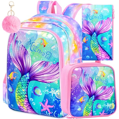 Image of 3Pcs Mermaid Backpack for Girls, 16 inch Kids Bookbag with Lunch Box,School Backpacks for Elementary Preschool Kindergarten (Pink)