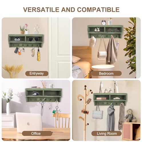Image of Key Holder Wall Mount - Mail Organizer Wall Mount with 6 Key Hooks and Storage Box for Sunglasses Storage and Dog Leash Holder Home Decor Rack Apartment Farmhouse Shelf Entryway Organizer (Green)