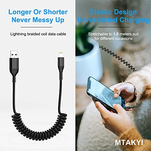 MTAKYI 2 Packs Coiled iPhone Charging Cable, [MFi Certified] Original Lightning to USB Cable, Retractable USB Charging Coiled Cable Compatible with iPhone 12/11/XS/XSMax/XR/X/8/8 Plus/7/6/ 5/Pad/Pod