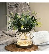 Nacidooka Modern Rustic Farmhouse Glass Lantern Vase with LED Lights & Artificial Eucalyptus - Vi...