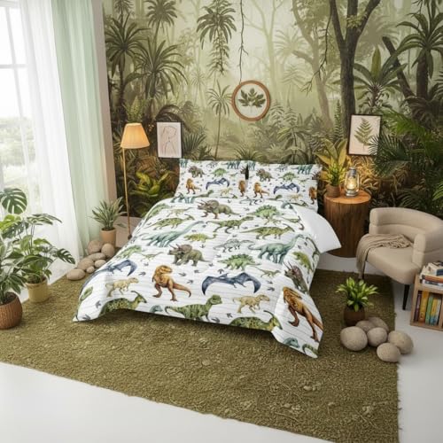 Image of QOOMO Cartoon Dinosaur Comforter for Girls Boys Jurassic Duvet Set Black Animal Bedding Set Queen Size with 2 Pillow Shams Lightweight Microfiber for All Seasons