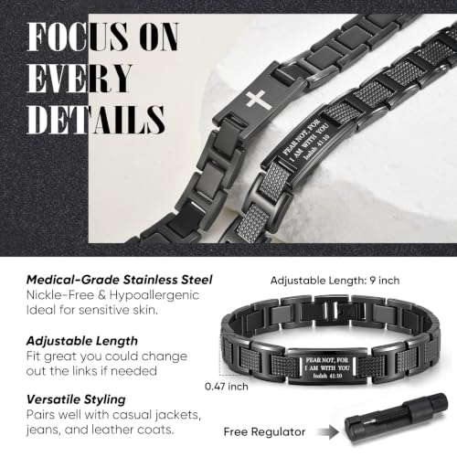 VNOX Black Stainless Steel Bible Verse Cross Bracelets for Men,Isalah41:10 — view 3